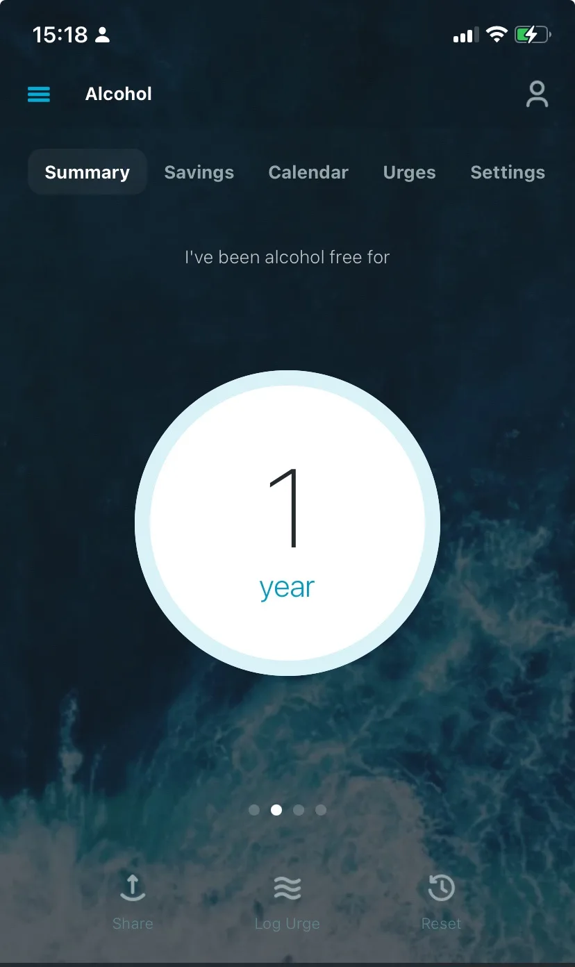 A screenshot of a mobile app's 'Alcohol' tracking summary page showing a large circular graphic with the number '1' and the…