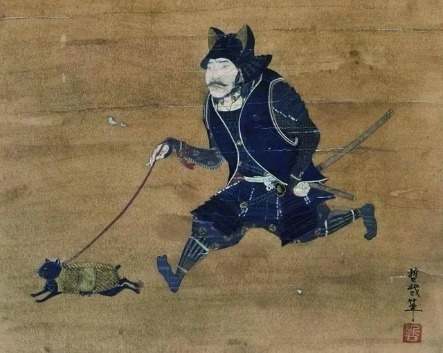 A traditional japanese ukiyo-e style painting depicts a samurai in full armor running while holding a leash attached to a…