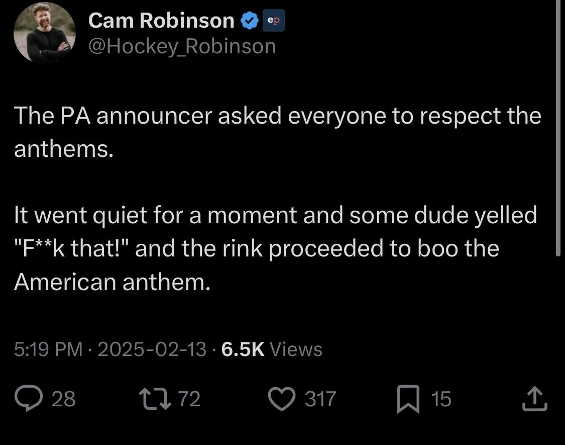 A screenshot of a tweet by Cam Robinson (@Hockey_Robinson) with a black background and white text. The tweet recounts an…