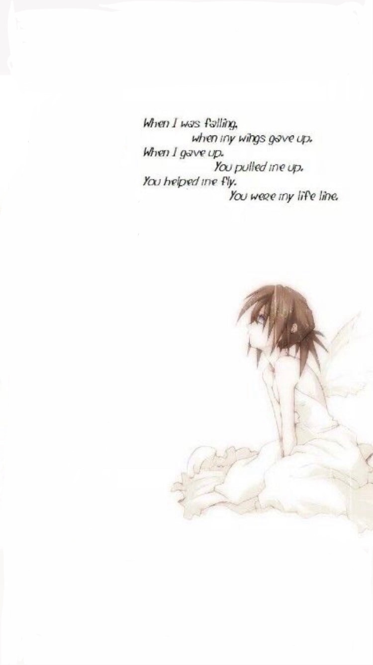 A soft, sketch-style anime illustration shows a young person with brown hair and faint wings sitting on the ground, looking…