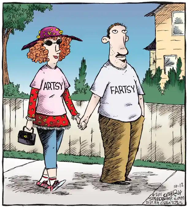 A cartoon depicts a couple walking hand-in-hand on a sidewalk. The woman wears a pink hat, sunglasses, and a pink t-shirt…