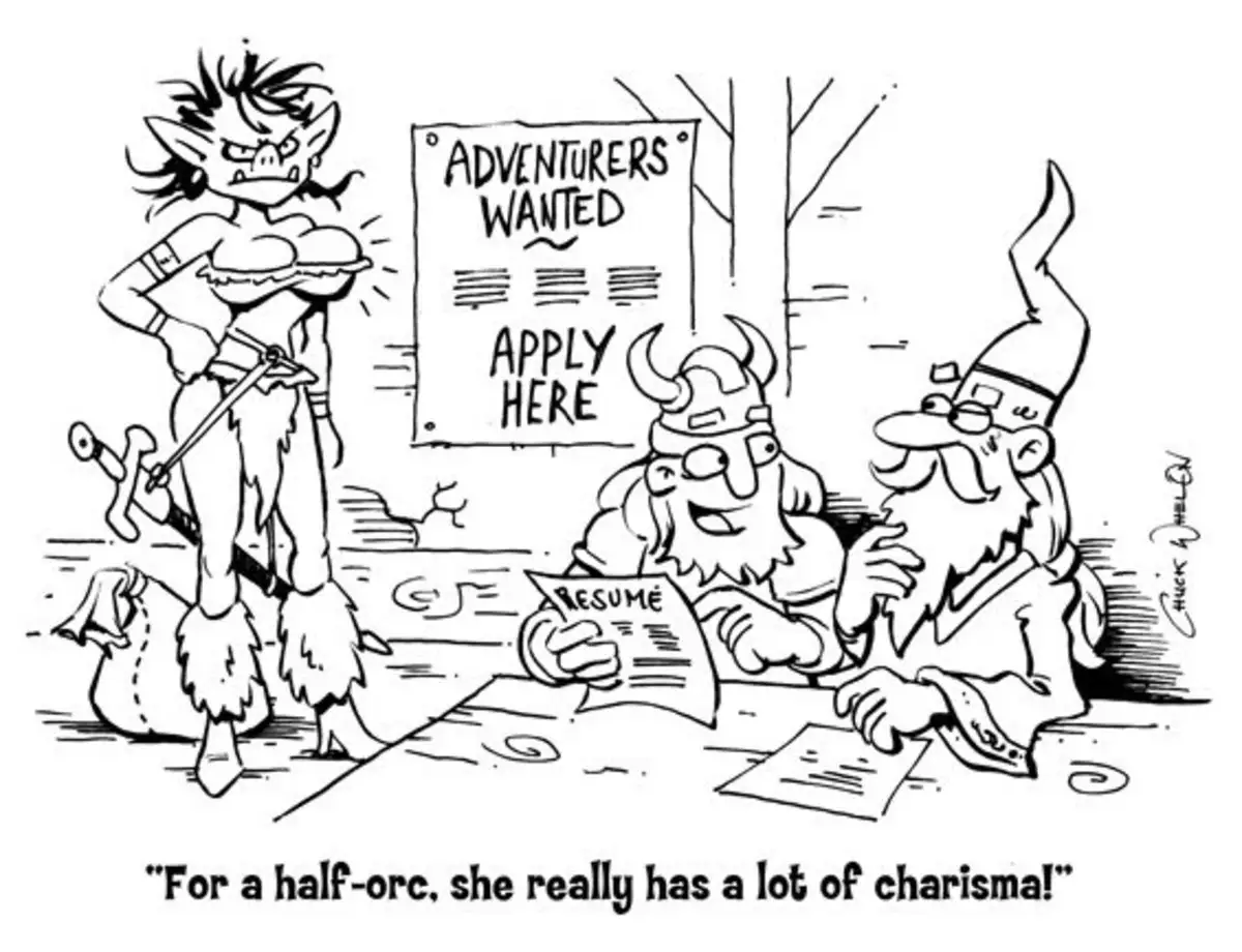 A half-orc woman with a sword and fur boots stands confidently before two dwarves at a table. One dwarf reads a resume while…