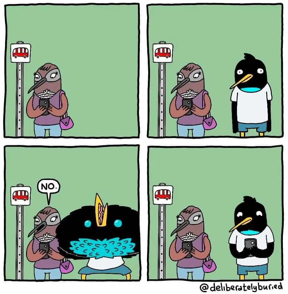A four-panel comic shows a bird woman at a bus stop, engrossed in her phone. A crow approaches, then transforms into a…