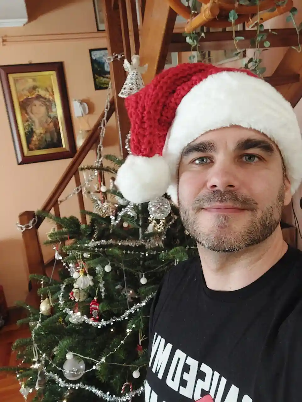 A man with a beard and blue eyes wears a red and white knitted Santa hat while standing in front of a decorated Christmas…