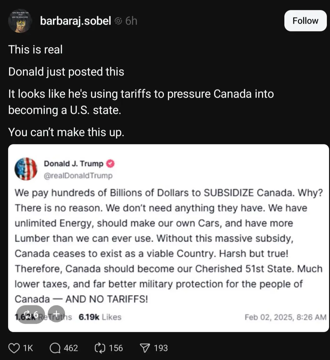 A screenshot of a social media post by 'barbaraj.sobel' sharing a fabricated tweet attributed to Donald J. Trump. The fake…