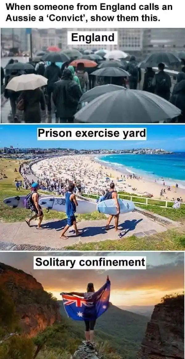 The meme is a three-panel image. The top panel shows a rainy, crowded street in England with people holding umbrellas…