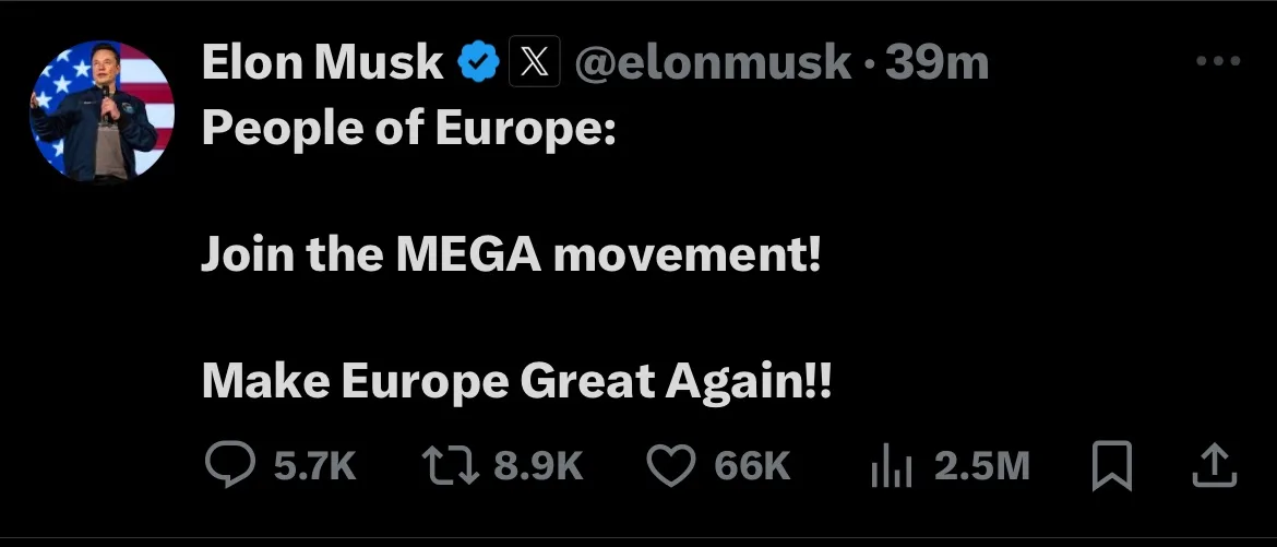 A screenshot of a tweet from Elon Musk's verified X account, showing his profile picture and a tweet that reads 'People of…