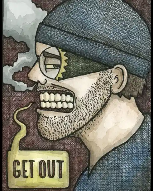 A cartoon drawing of a man with a beard and a beanie, shown in profile, yelling with smoke coming out of his mouth. A speech…
