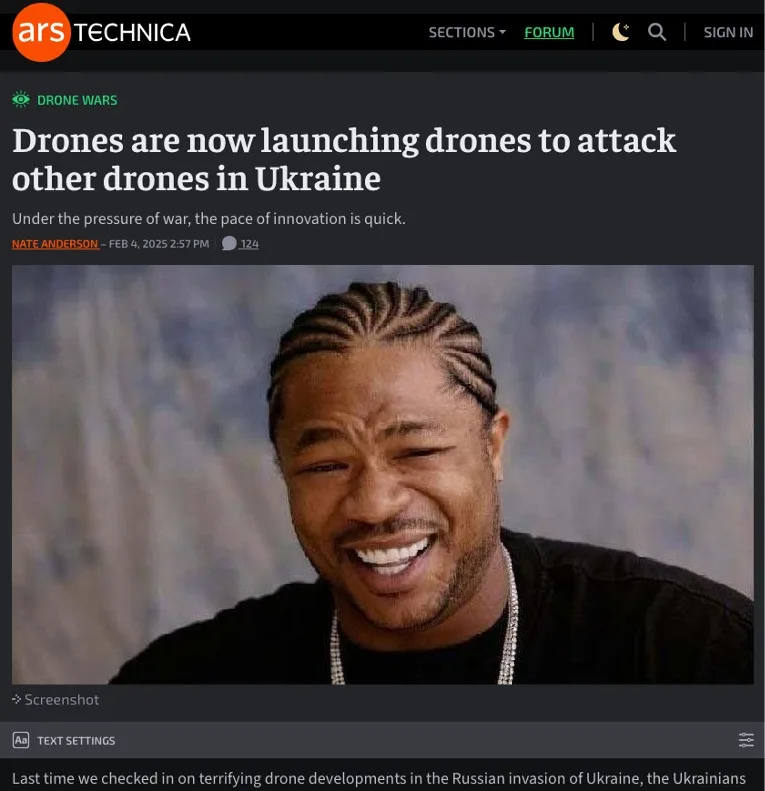 A screenshot of an Ars Technica article titled 'Drones are now launching drones to attack other drones in Ukraine' features…