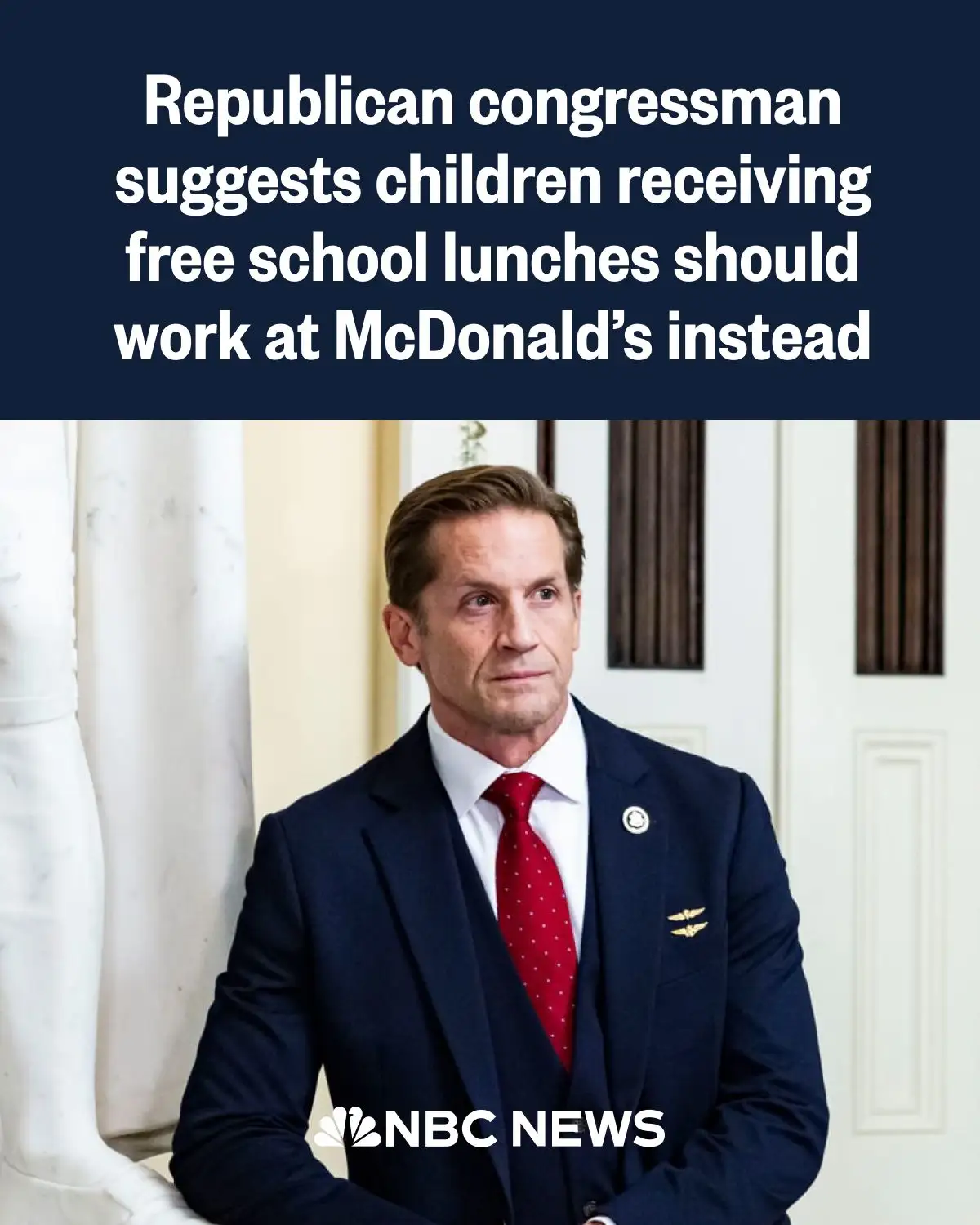 A man in a dark suit and red tie with a congressional pin looks off to the side with a skeptical expression. The text…