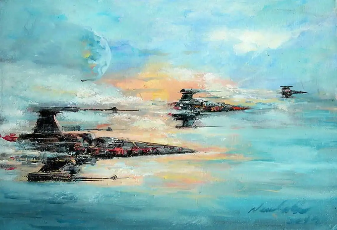 A painterly, impressionistic artwork depicts several Star Wars Imperial Star Destroyers flying across a sky with a large…