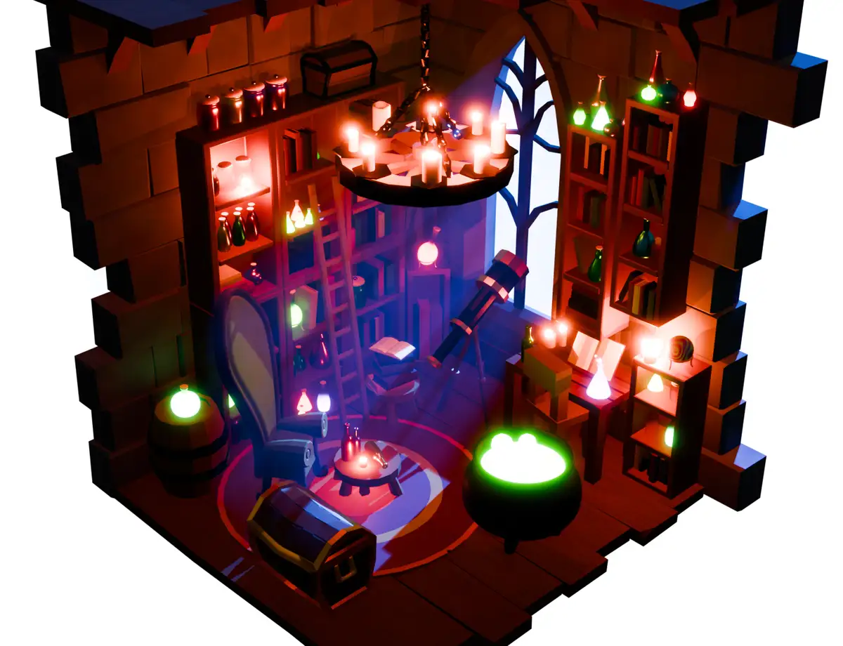 A cozy, dimly lit fantasy laboratory with stone walls, bookshelves filled with books and glowing potion bottles, a…