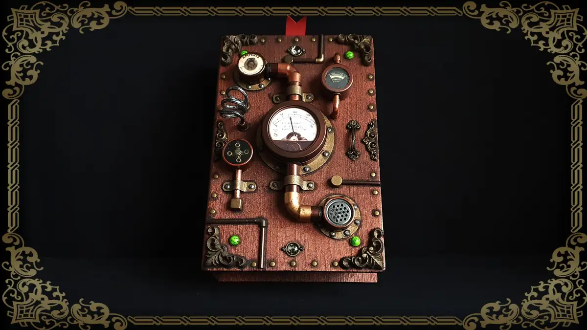 Steampunk Storage Book 0236X0001: a book-shaped storage box. Features: pressure gauges, turbine fan, air vent, pipes…
