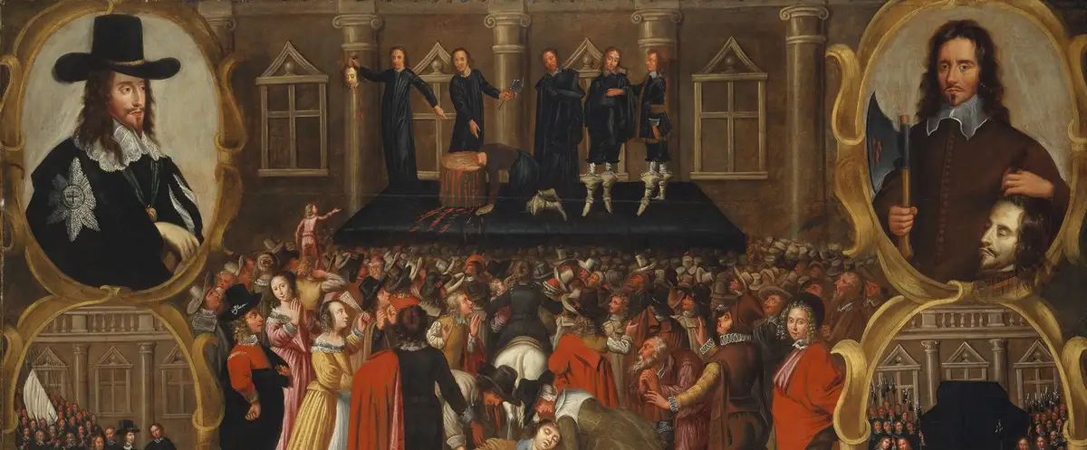 a historical painting depicts the execution of five bishops on a scaffold, with a large crowd watching. Two large portraits…