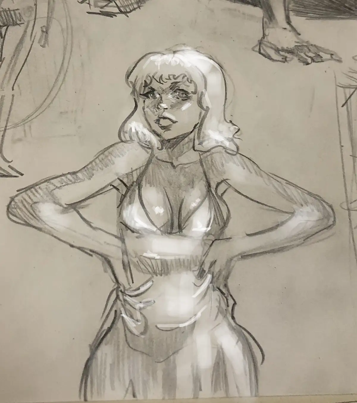 A pencil sketch of a woman with blonde hair, wearing a revealing outfit, standing with hands on hips. The image has a…