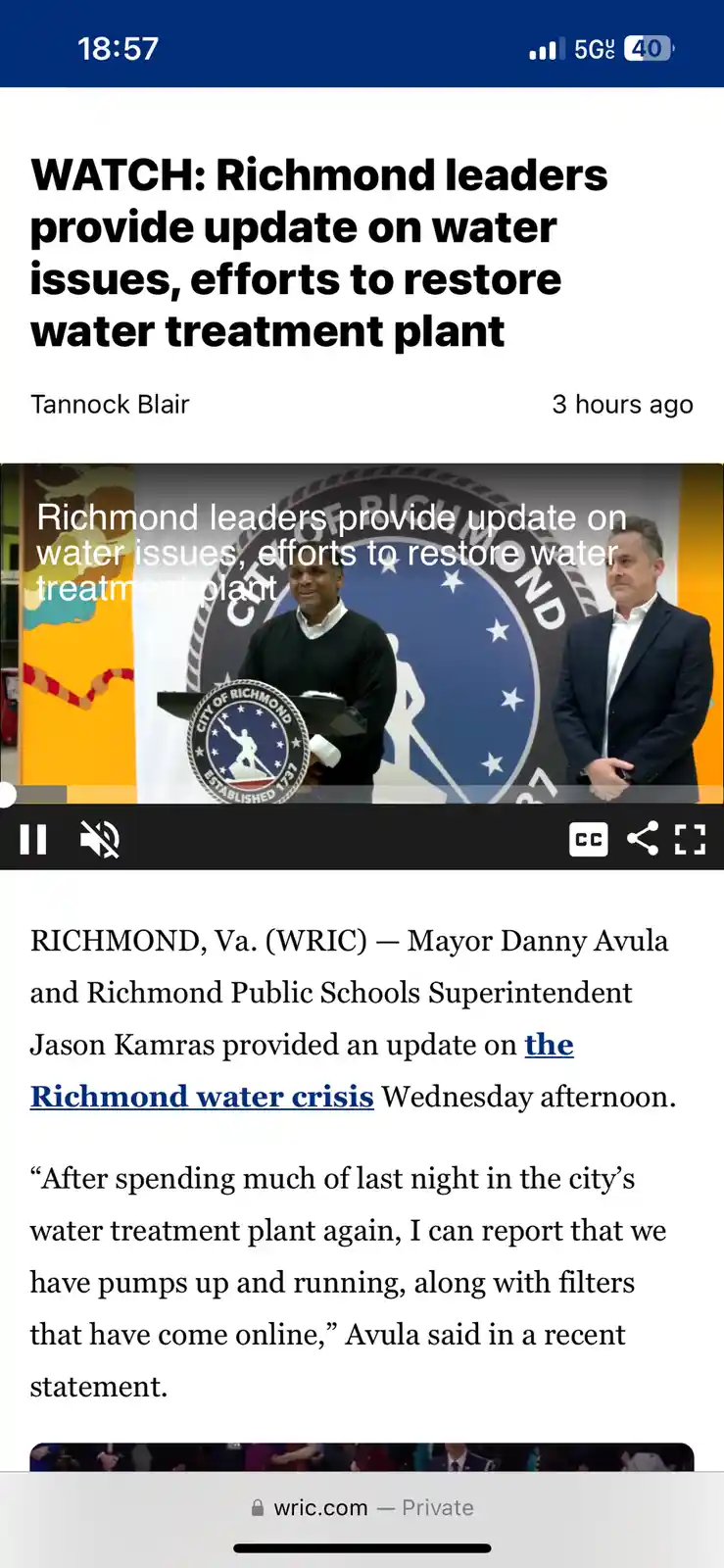 A screenshot of a news article from wric.com shows a video player with two men at a podium in front of a 'City of Richmond'…