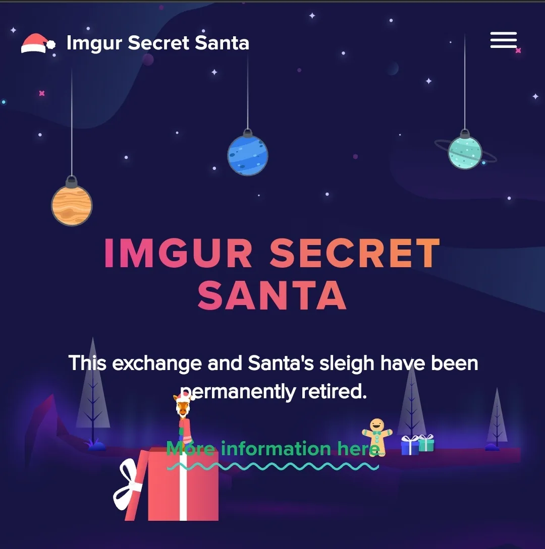A festive digital illustration shows a dark blue night sky with hanging planet ornaments, stylized trees, and cartoon…