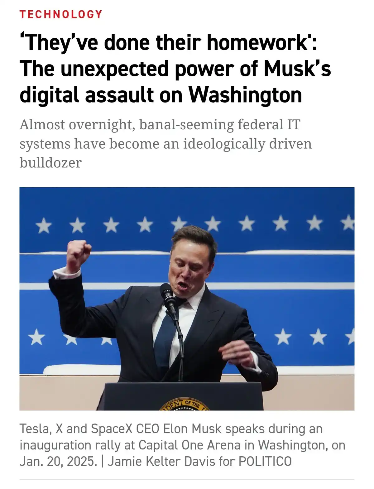 A screenshot of a POLITICO article shows Elon Musk speaking at a podium with a blue starry backdrop, his fist raised. The…