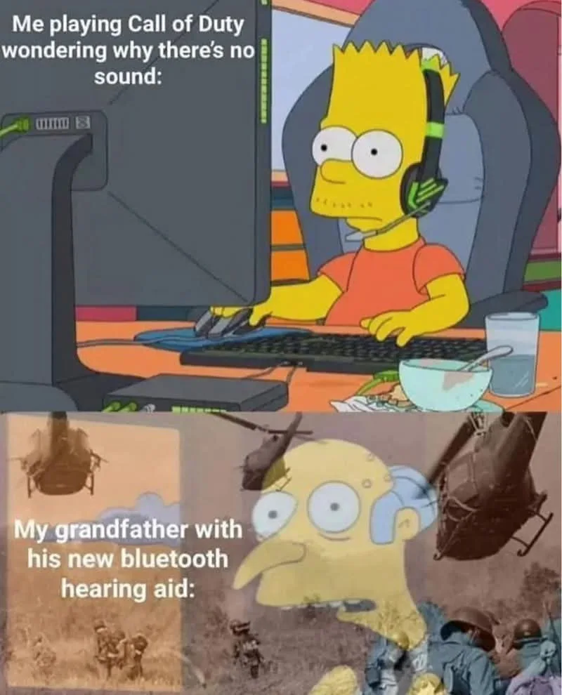 The image is a two-panel meme featuring Bart Simpson. In the top panel, Bart sits at a computer with a headset, looking…