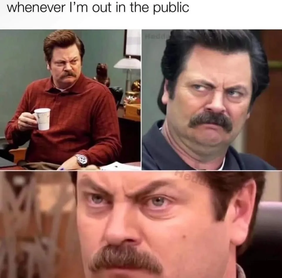 The image is a three-panel meme featuring actor Nick Offerman as Ron Swanson from 'Parks and Recreation'. The top left panel…