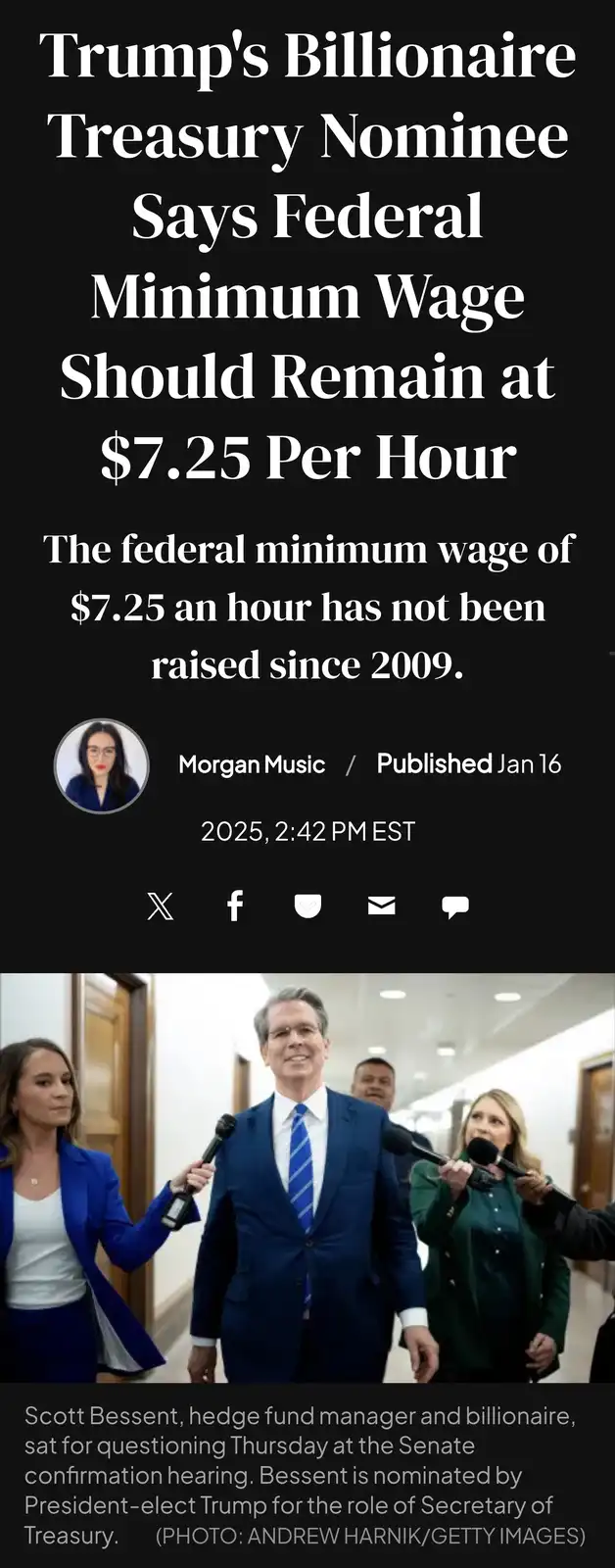 The image displays a mock news article with a headline about Trump's billionaire Treasury nominee advocating for the federal…