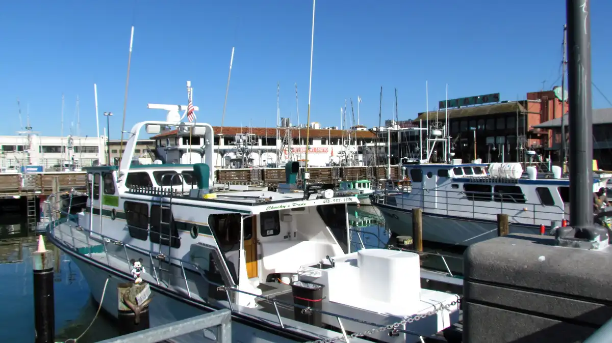 A white boat named 'Chucky's Pride' is docked in a harbor under a clear blue sky, with other boats and buildings in the…
