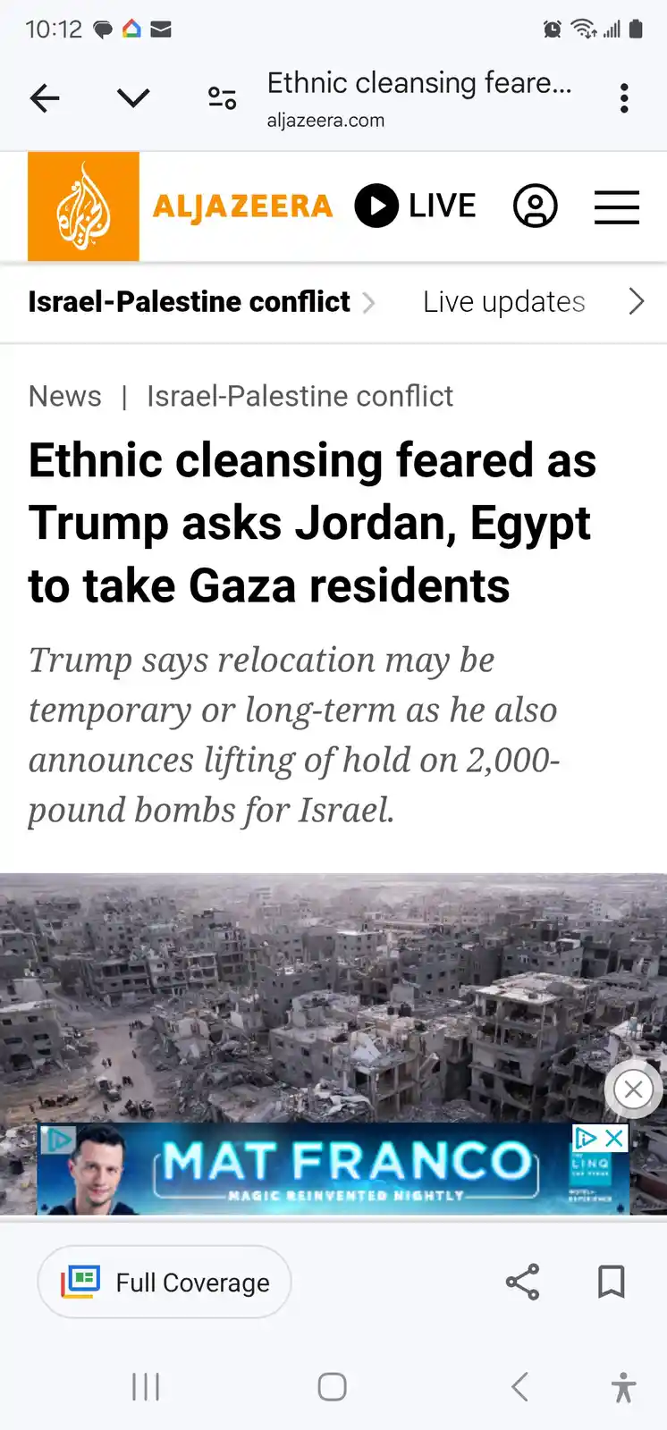 A screenshot of an Al Jazeera news article about the Israel-Palestine conflict, featuring a headline about Trump asking…