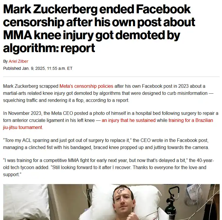 A screenshot of a news article with a headline about Mark Zuckerberg ending Facebook censorship after his own post about an…