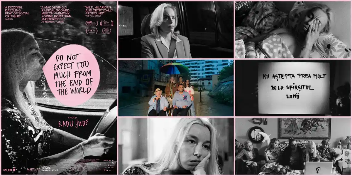 A collage of stills from the 2023 film 'Do Not Expect Too Much From The End Of The World,' featuring black-and-white and…