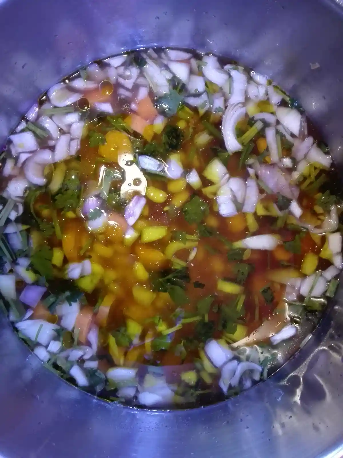 A close-up photo shows a metal bowl filled with a liquid mixture containing chopped onions, cilantro, corn, and tomato…