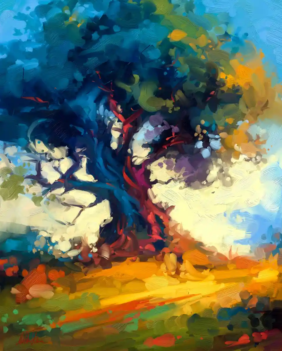 This is a vibrant, painterly digital artwork depicting a stylized tree with thick, textured brushstrokes. The tree's trunk…