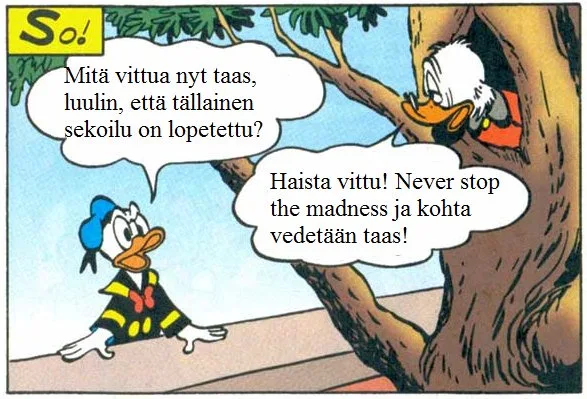 A Finnish-language comic panel featuring Donald Duck in a striped outfit looking surprised, while an older duck in a tree…