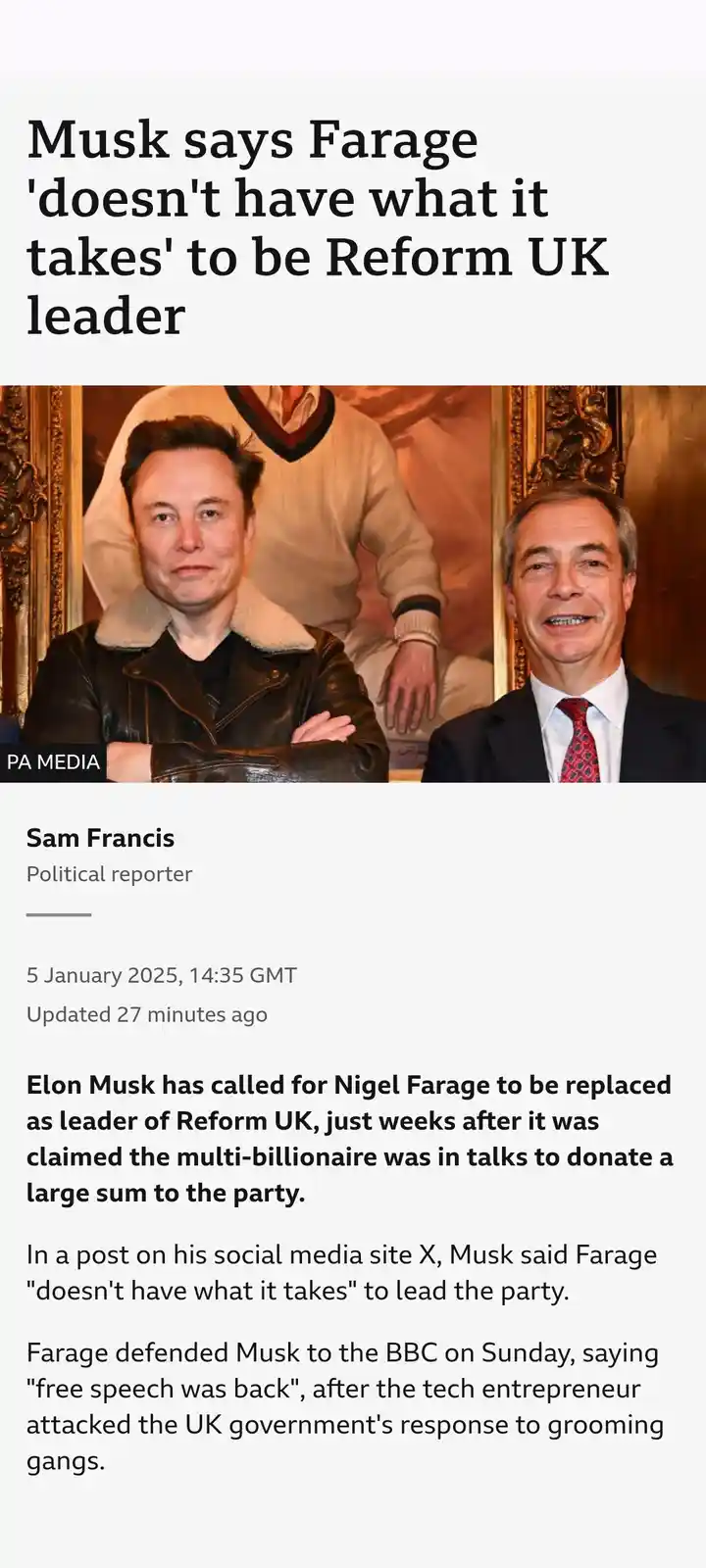 The image shows a news article screenshot featuring a photo of Elon Musk on the left, arms crossed, wearing a brown leather…