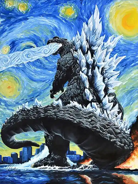 A painting-style image features the kaiju Godzilla standing in water with a city skyline behind him, his body and spines…