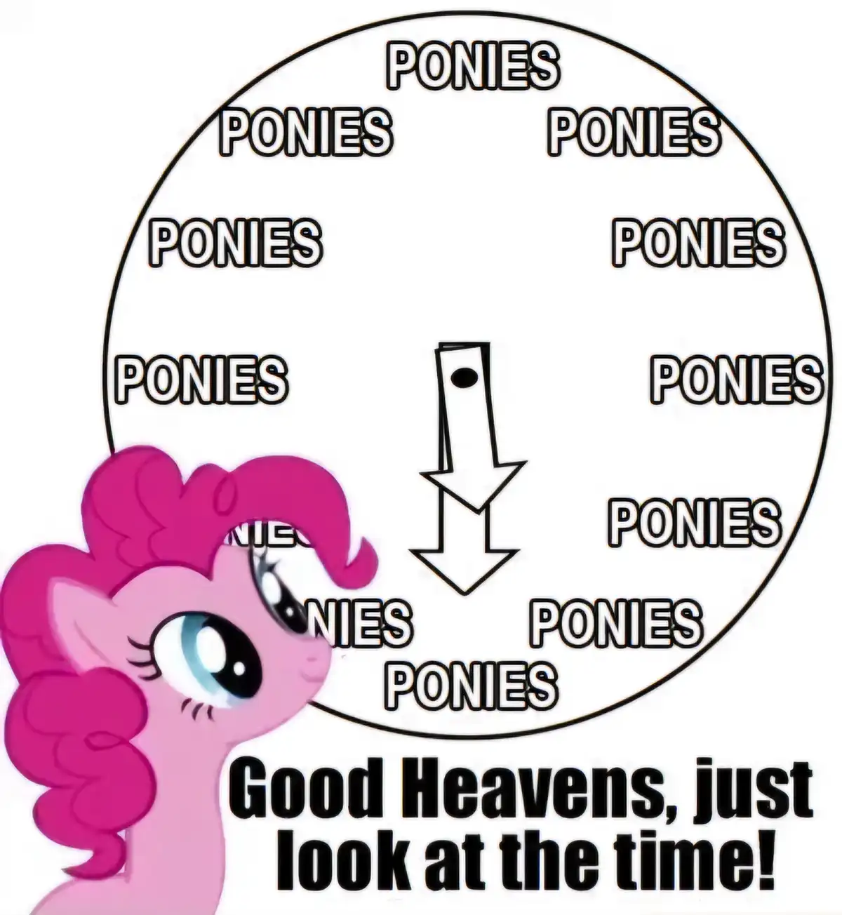 A pink cartoon pony with a large, fluffy mane looks up at a circular clock face filled with the word 'PONIES' repeated in…
