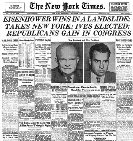 A vintage 1952 New York Times front page shows a photo of Dwight D. Eisenhower and Richard Nixon with the headline…