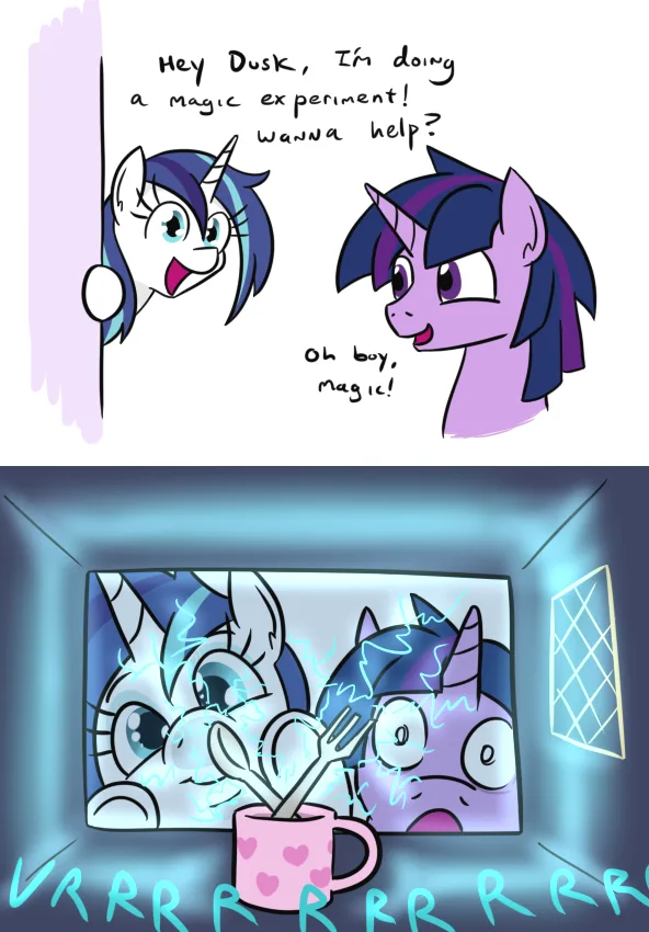 Two cartoon ponies, one white with blue mane and one purple with dark mane, are shown in a comic panel. The white pony peeks…