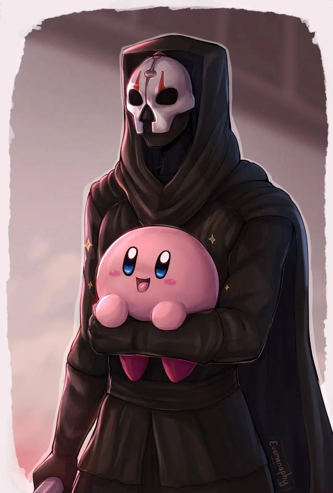A dark, hooded figure wearing a white skull mask holds a small, pink, round character with big blue eyes and a happy…