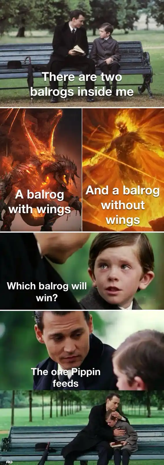 A meme collage from 'The Lord of the Rings' shows a man and boy on a bench, then two fiery balrog images labeled 'with…