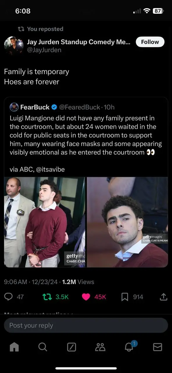 A screenshot of a tweet by Jay Jurden reposting a tweet from FearBuck about Luigi Mangione. The tweet describes how Mangione…
