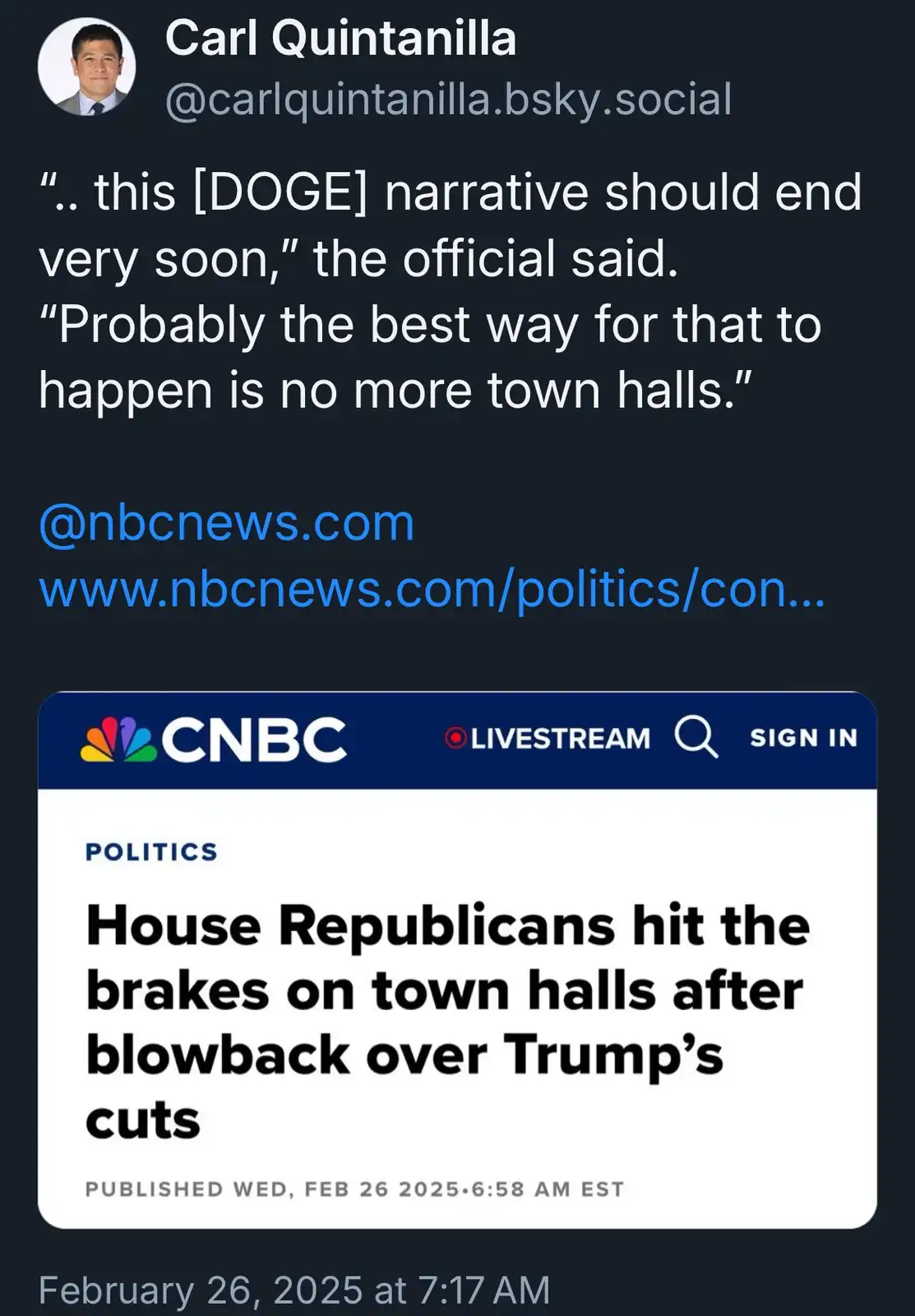 A screenshot of a social media post by Carl Quintanilla showing a CNBC news article titled 'House Republicans hit the brakes…