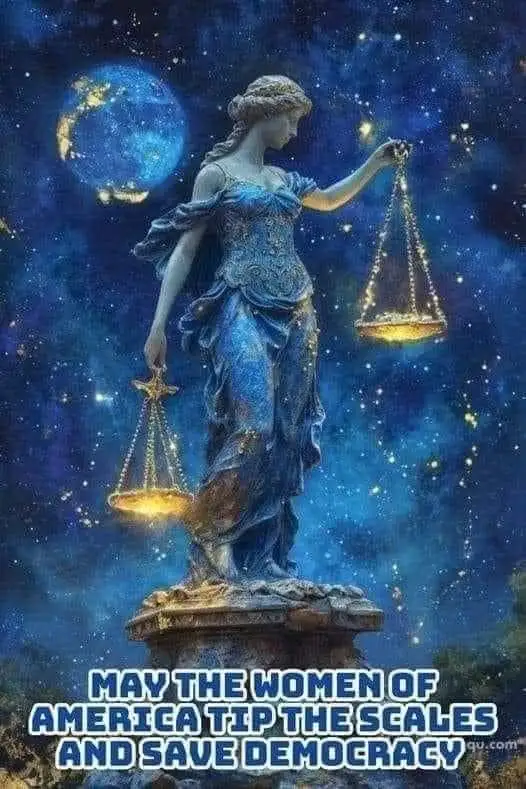 A statue of Lady Justice, holding scales, stands against a starry night sky with a glowing blue Earth visible. The overlaid…