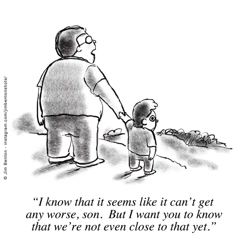 A black-and-white cartoon depicts an adult and a small child walking away from the viewer, holding hands. The adult is…