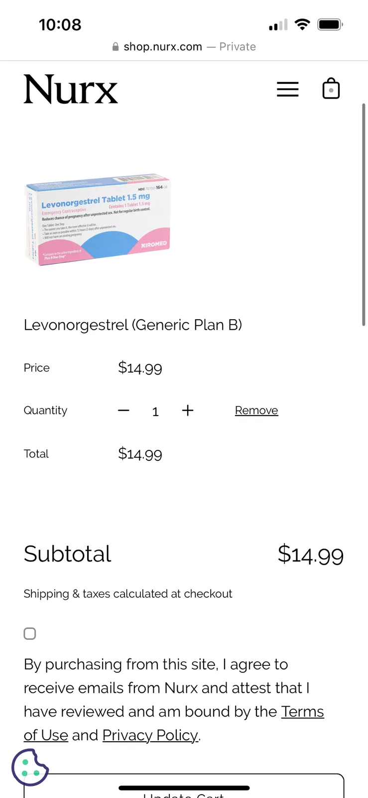 A screenshot of a Nurx.com shopping cart page showing a single item: Levonorgestrel (Generic Plan B) priced at $14.99. The…
