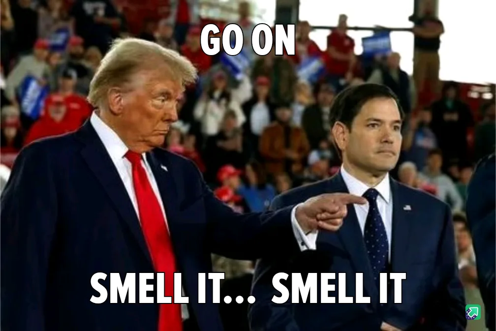 A photo shows Donald Trump pointing at Marco Rubio while both stand in front of a crowd. Trump has a stern expression, and…