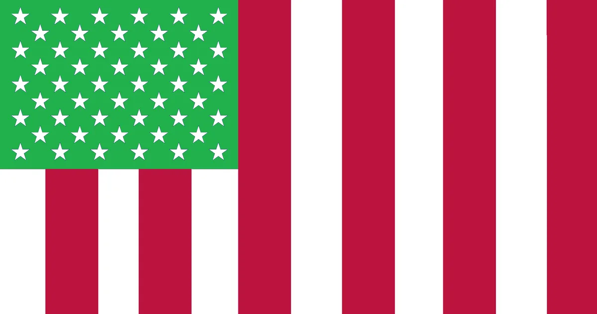 The image displays a flag with a green canton containing 48 white stars arranged in a grid, set against alternating red and…