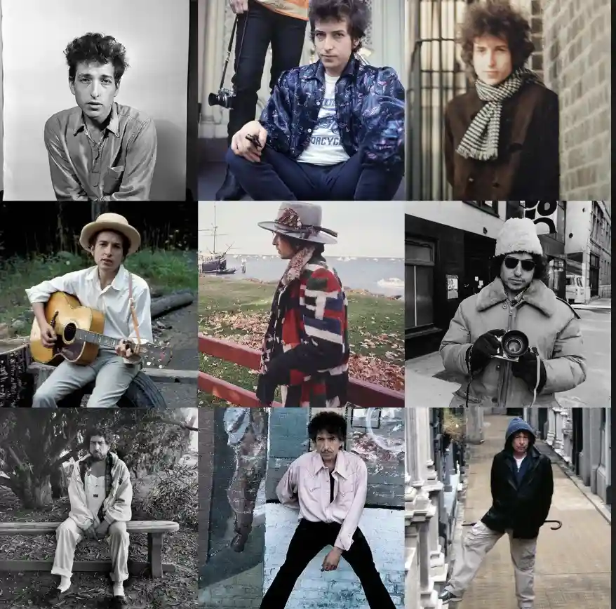 A nine-panel collage shows Bob Dylan in various iconic looks and settings, from early black-and-white portraits to later…