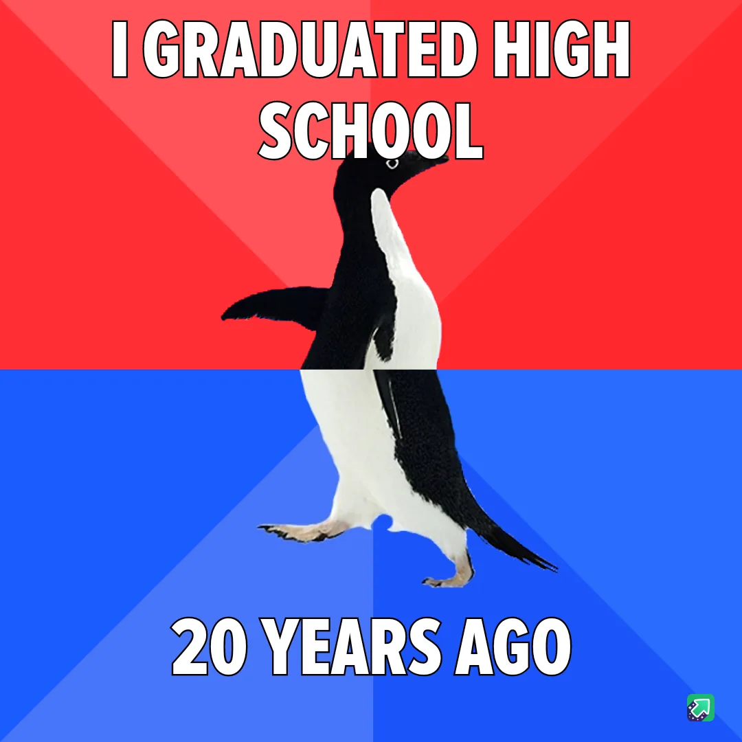 A black-and-white penguin stands centered against a red-and-blue background, with bold white text at the top reading 'I…