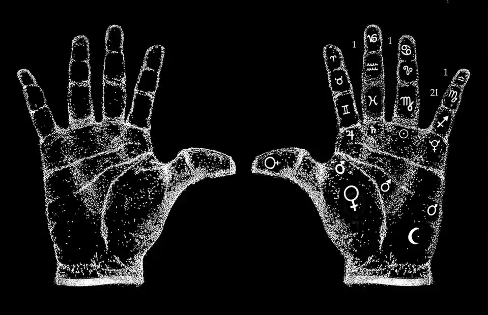 Two white-outlined hands are shown against a black background, one plain and one covered with astrological symbols, numbers…