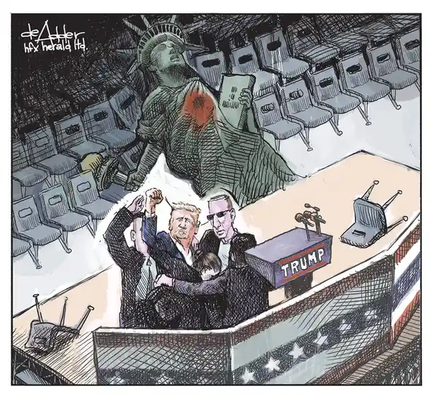 A political cartoon depicts Donald Trump and a man in sunglasses embracing at a podium labeled 'TRUMP', while the Statue of…